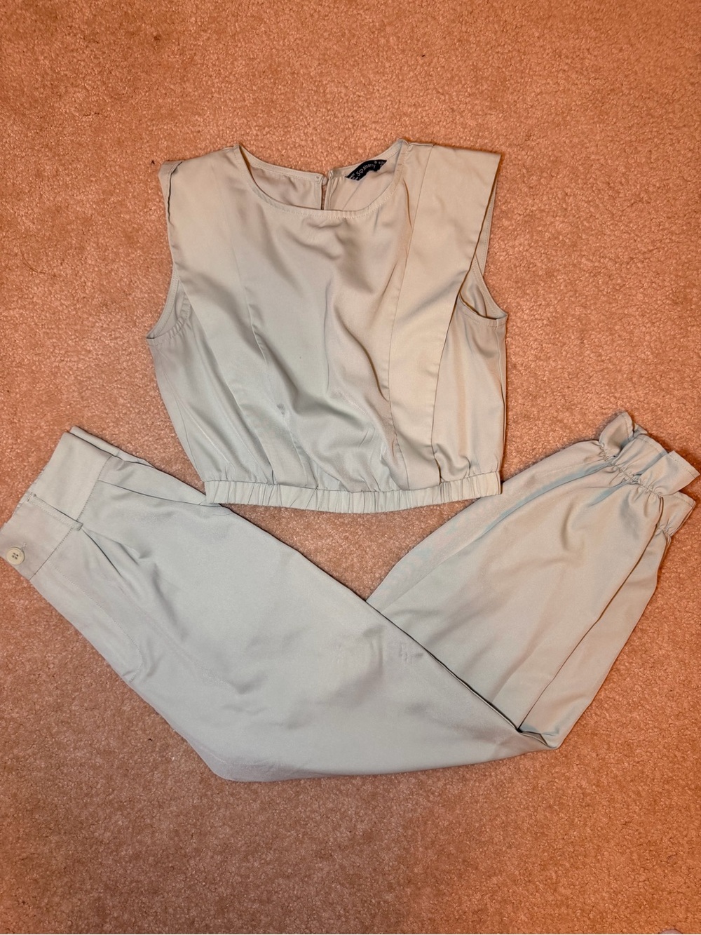 Sleeveless Cropped Top & Elastic Waist Pants Set - Light sage